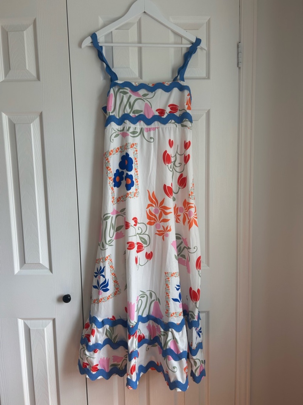 Whimsy White Floral Maxi Dress with Blue Trim